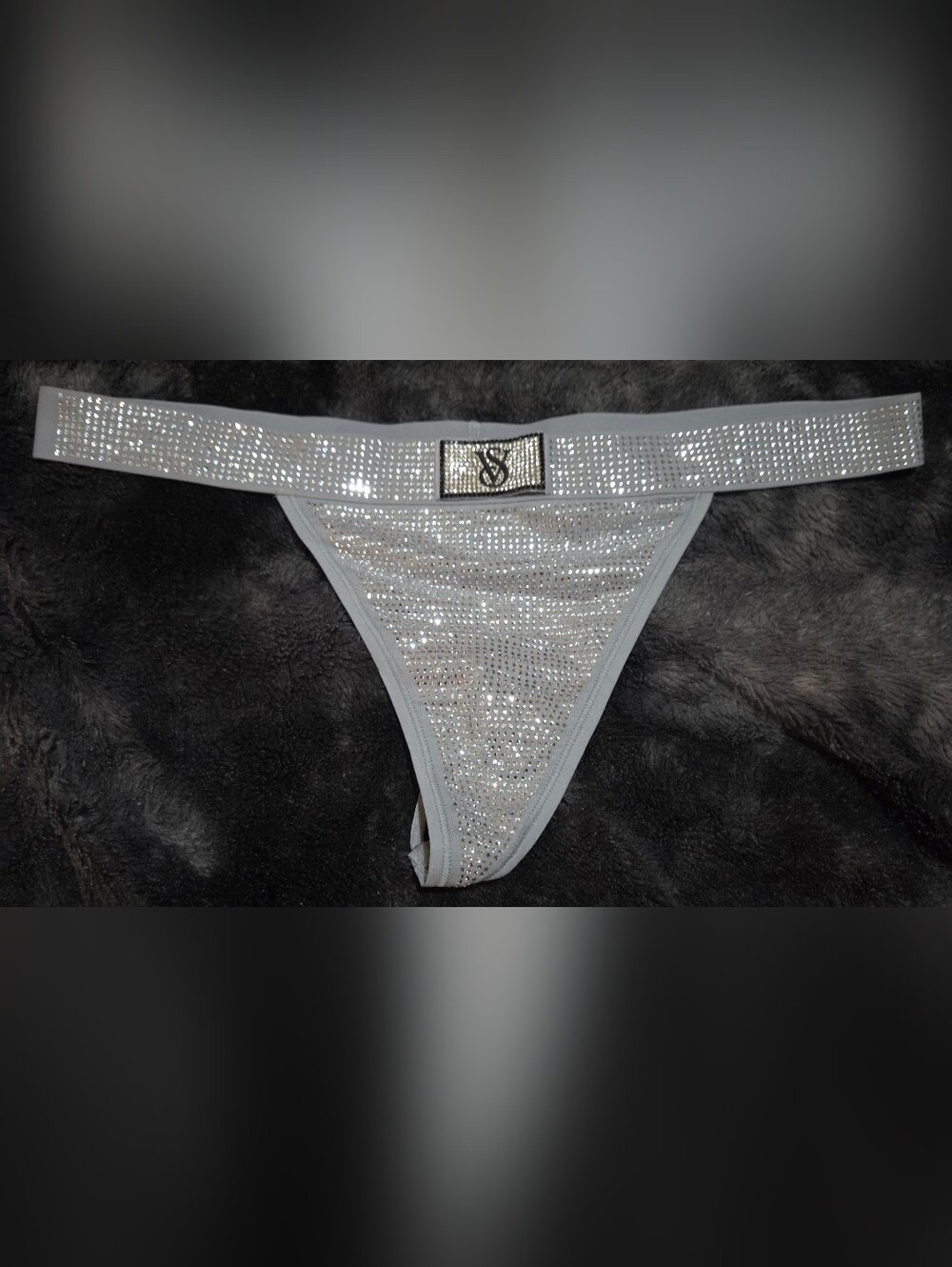 Victoria's Secret Gray Allover Rhinestone Shine Patch V String Panty Size L NWT